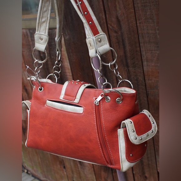 Orange and Turquoise Studded Accented Western Style Satchel Handbag - Picture 4 of 16